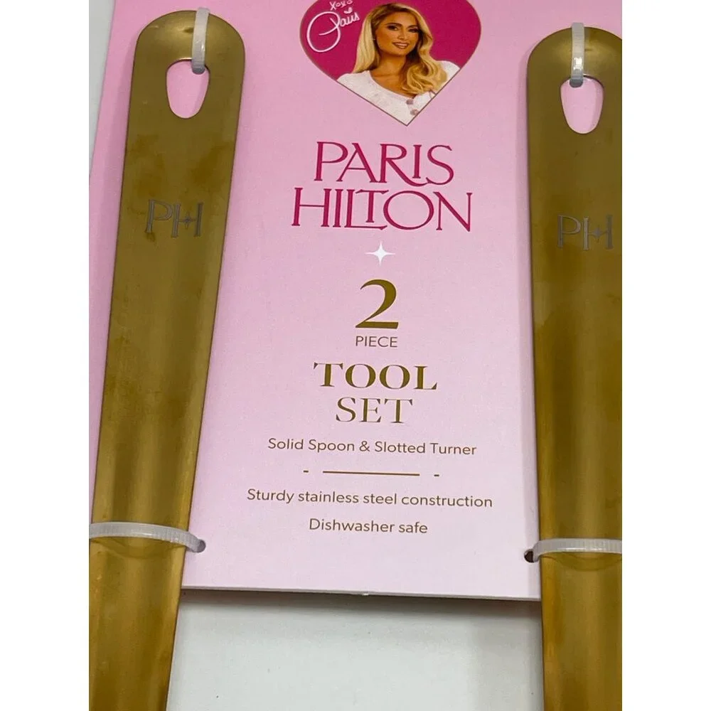 Paris Hilton 2-Piece Tool Set Gold‎ Solid Spoon & Slotted Turner Stainless Steel